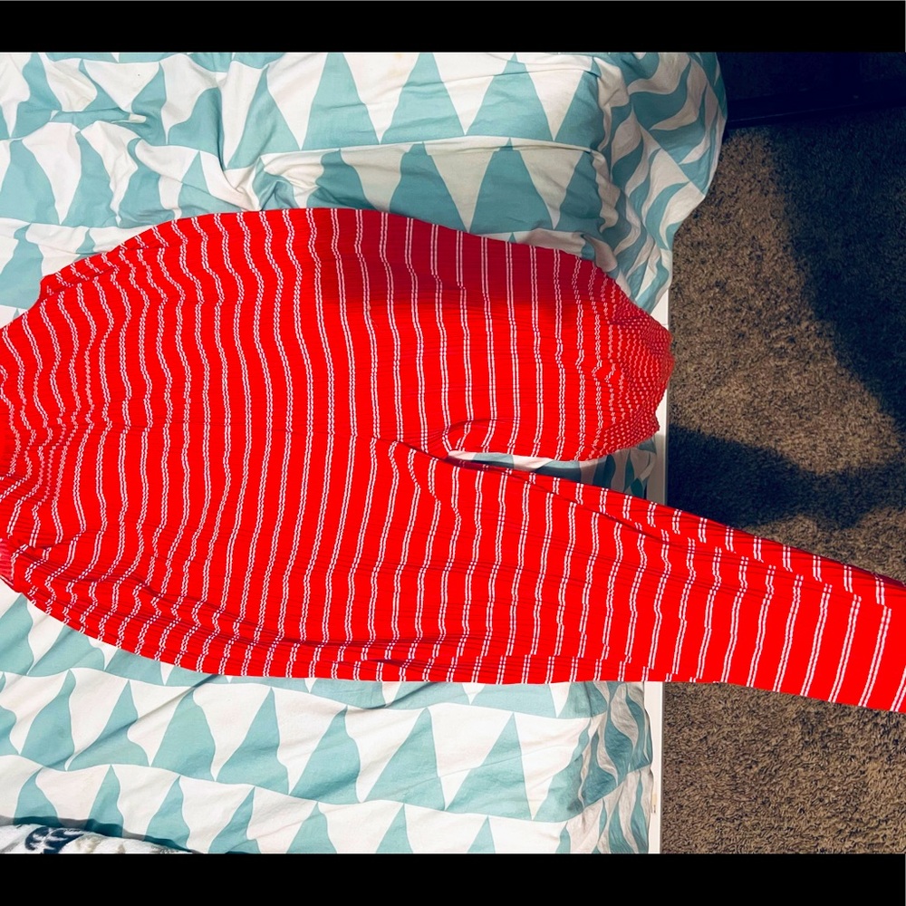 Red and white striped jumpsuit.
